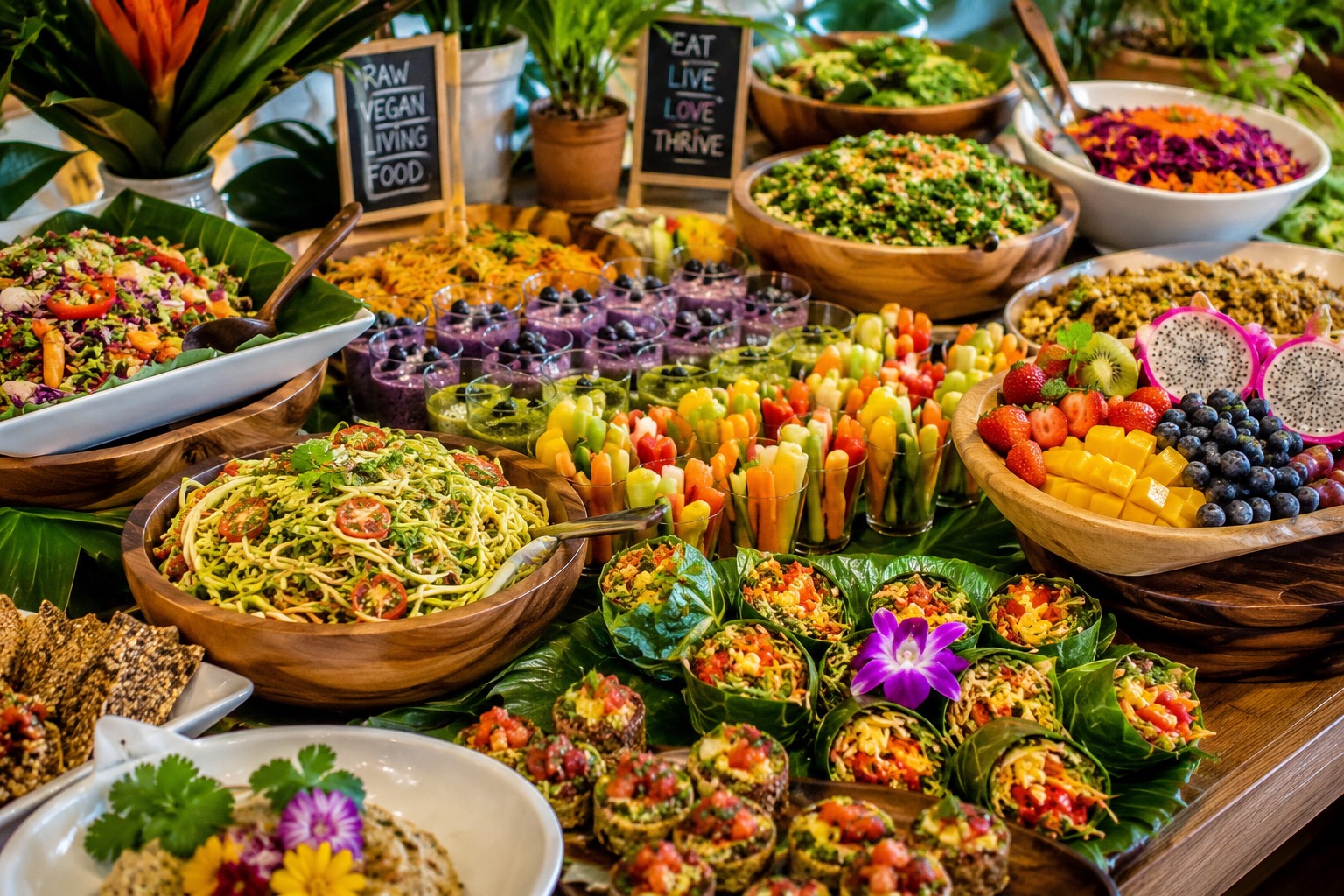 Vibrant raw vegan living food buffet with salads, smoothies, fruit and wraps