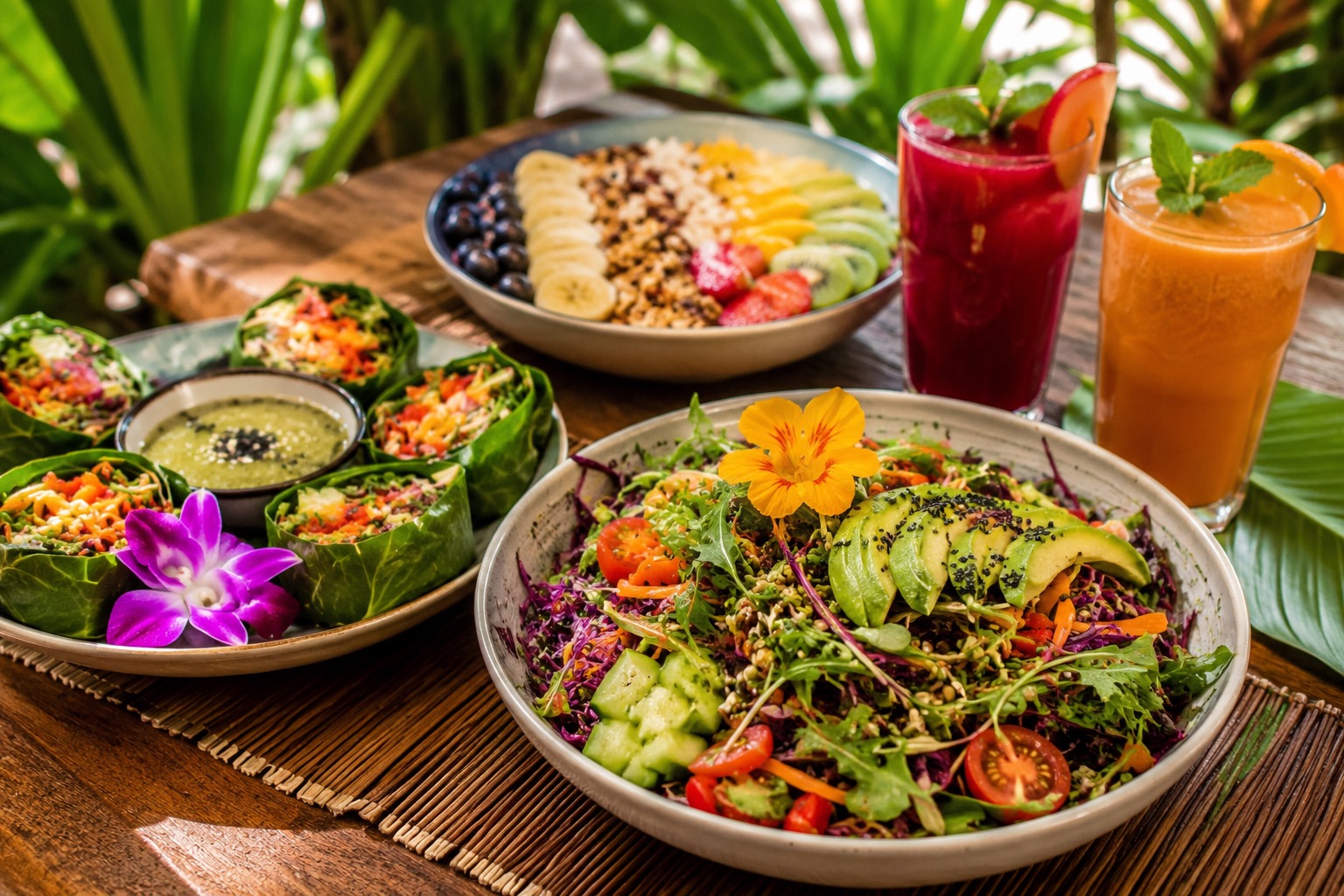 Plated vegan bowls with avocado salad, collard wraps and fresh pressed juices