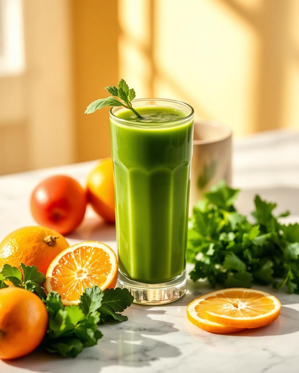 Fresh pressed green juice with tropical fruit