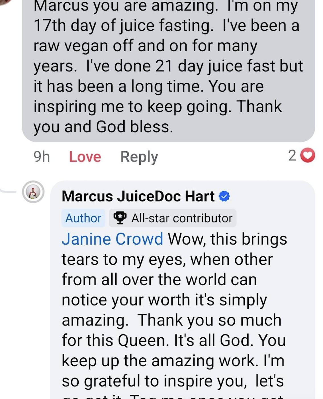 Janine Crowd shares she's on her 17th day of juice fasting, inspired by Marcus