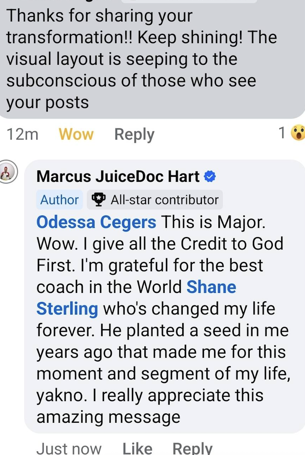 Facebook exchange where Marcus credits God and his coach Shane Sterling