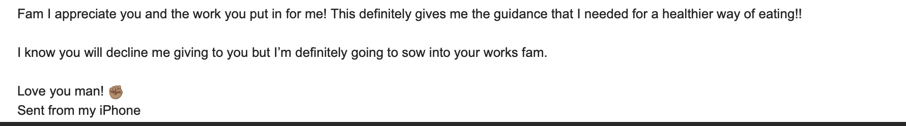 Message thanking Marcus for guidance toward a healthier way of eating